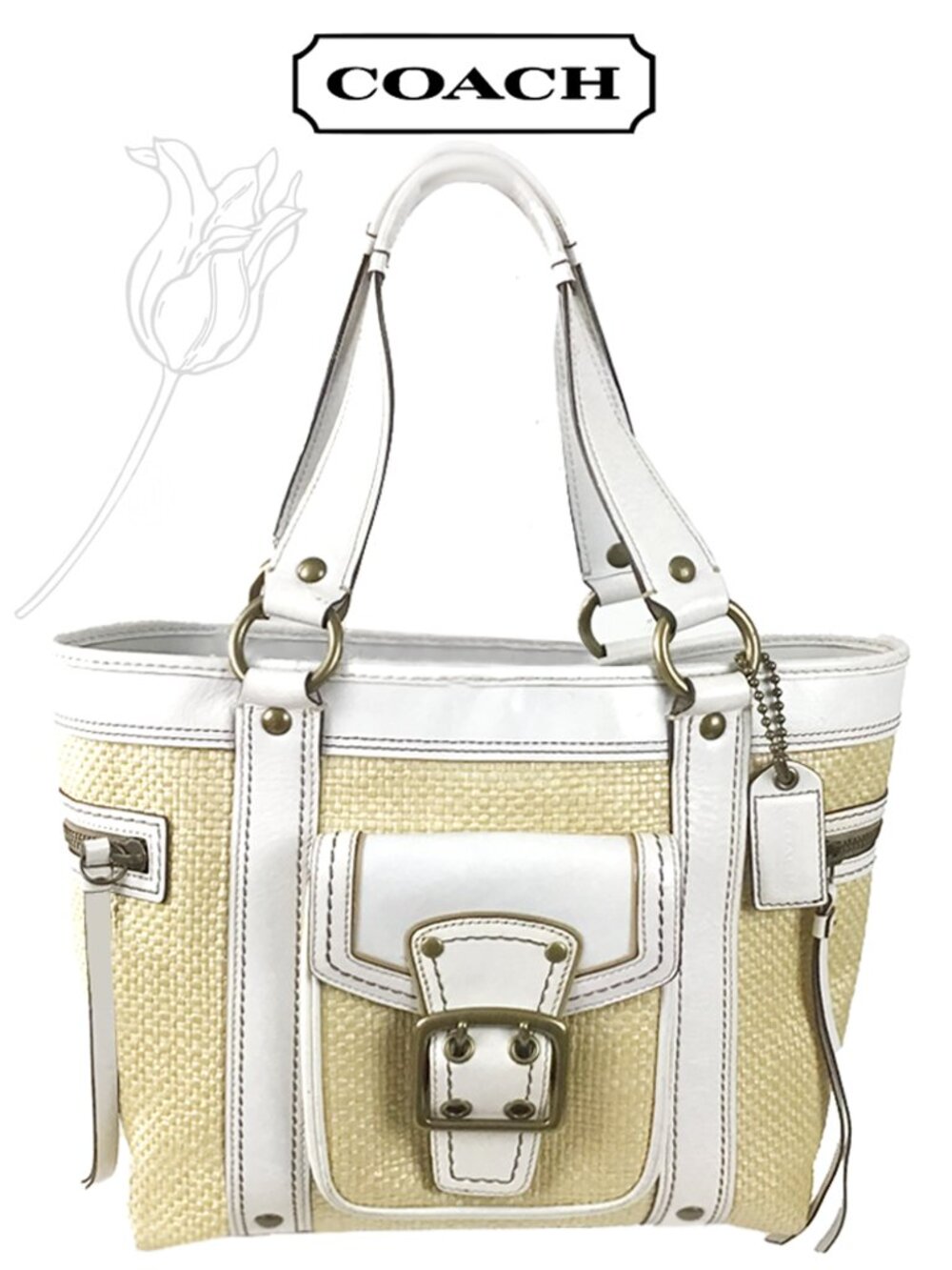 Coach Legacy Vintage White & Straw Satchel Tote Handbag